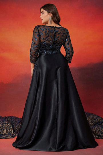 Black Satin A Line 3/4 Sleeves Plus Size Mother Of The Bride Dress